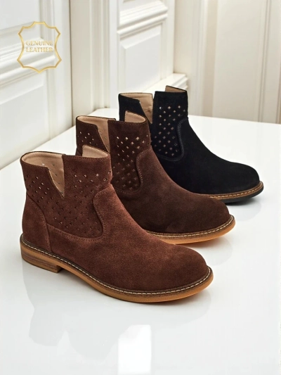 Aurelia Nero suede openwork women's ankle boots flat heel 3cm