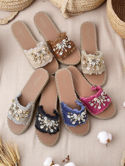 Royalfashion Helena Decor Women's Sandals Black Espadrilles with Shells
