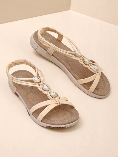 Женские сандалии Royalfashion Bellona бежевые с цирконами на платформе