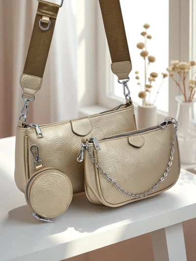 Golden Calista Multi Eco-Leather Handbag with Chain and Pouch