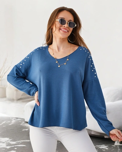 Royalfashion Women's thin viscose sweater with rhinestones on the shoulders