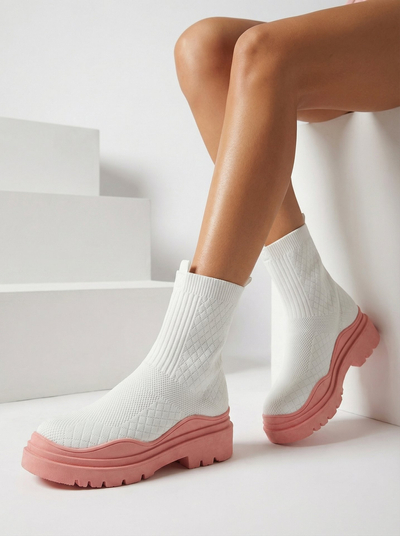 White and pink women's flat-heeled boots Seritis - Footwear