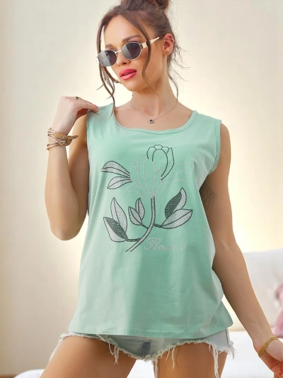 Royalfashion Naiste Puuvillane Tank Ülis Ilusate Rhinestone Lilled