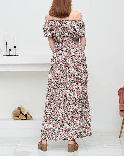 Черное женское макси-платье с рисунком. Одежда