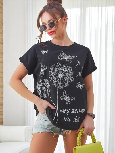 Royalfashion Women's cotton t-shirt with dandelions and a butterfly