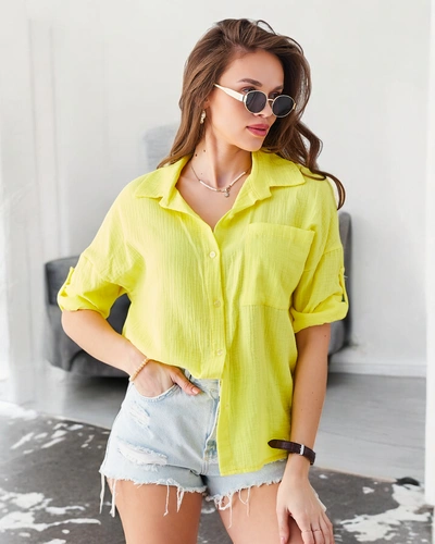 Royalfashion Cotton women's shirt with embossing and a V-neck with 3/4 sleeves