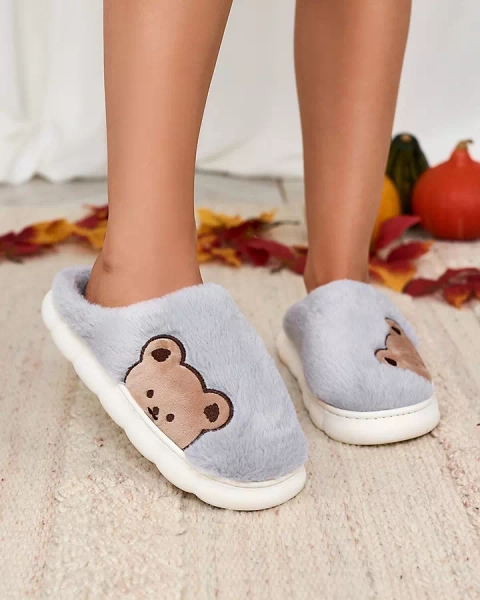 Royalfashion Women's furry slippers with teddy bear in blue Fetemes