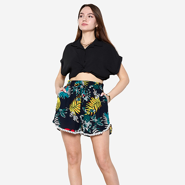 Patterned navy blue and turquoise women's shorts - Clothing