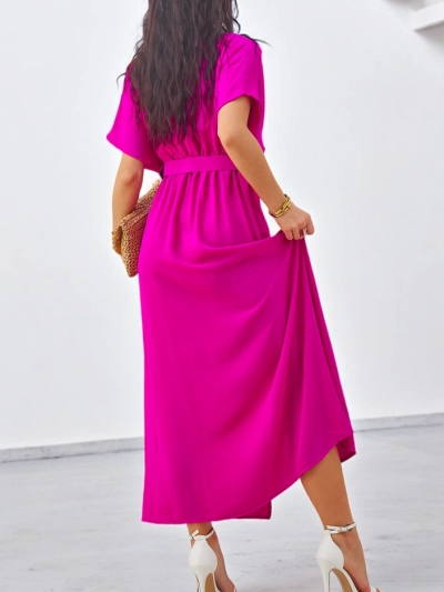 Royalfashion Women's midi dress with short sleeves, V-neck and a center slit