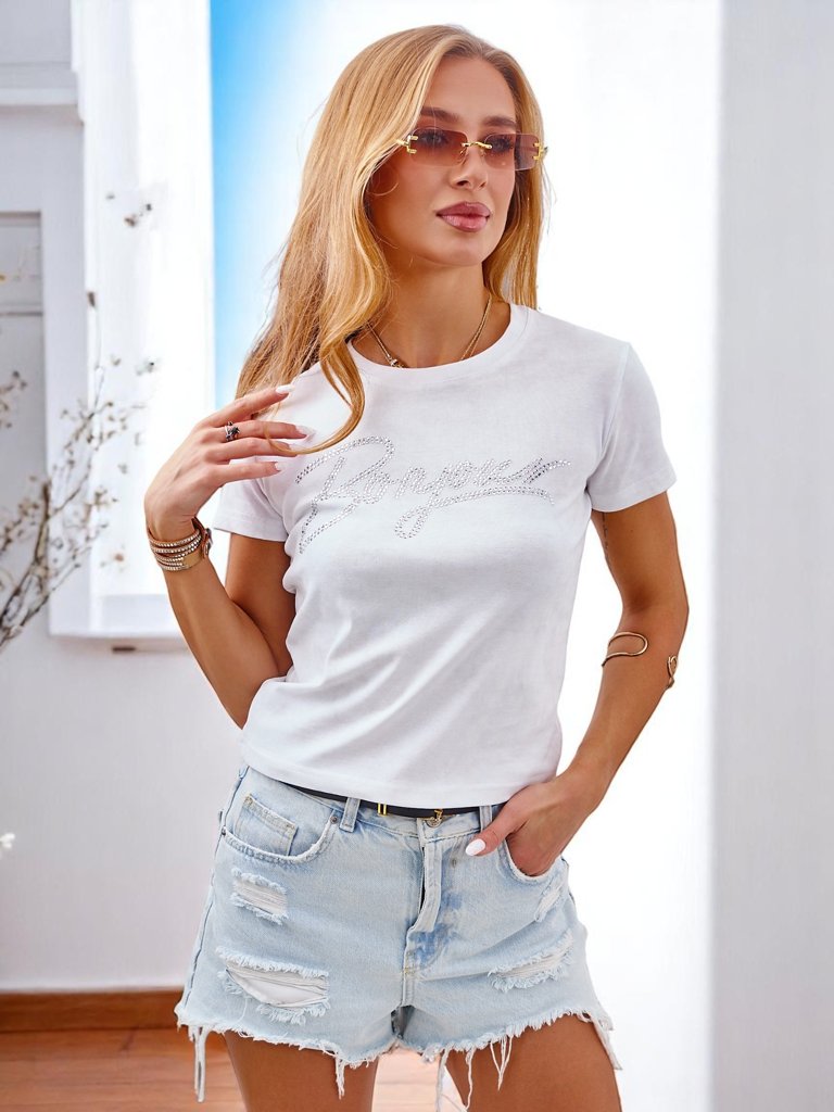 Royalfashion Women's cotton t-shirt with rhinestones and inscription