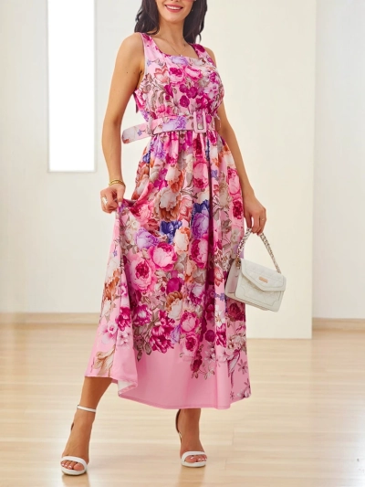 Royalfashion Women's midi dress with straps, featuring a belt in various floral patterns