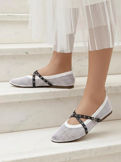 Royalfashion Calista Bianca Ballet Flats – Women's White Mesh Shoes with Black Straps