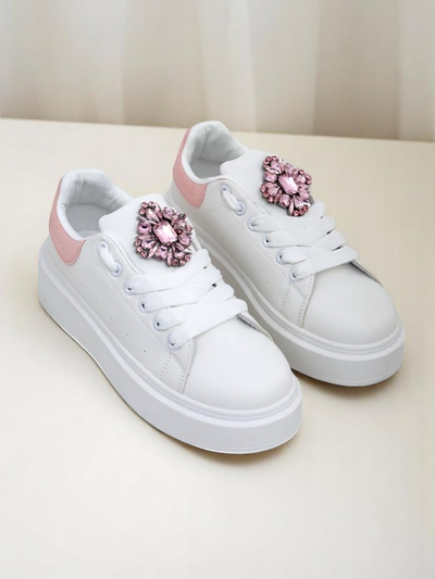 Hypatia Bianco women's eco-leather sneakers with decoration and pink accent
