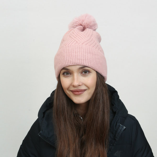 Pink women's insulated beanie with pompom - Accessories