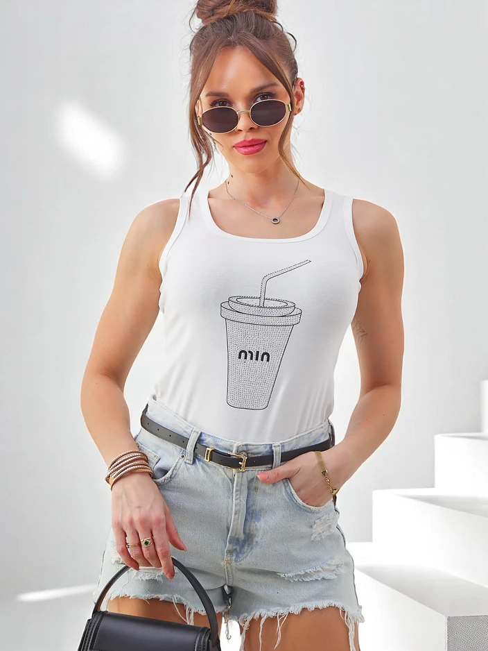 Royalfashion Cotton women’s tank top with a cup adorned with rhinestones