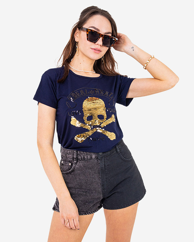 Темно-синяя женская футболка с пайетками и надписями