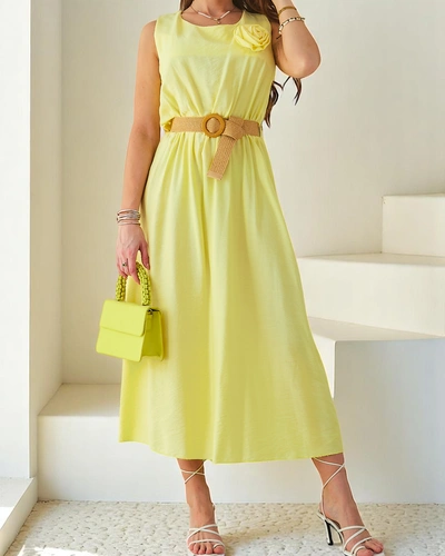 Royalfashion Women's midi dress with straps, featuring a round neckline and decorative flower