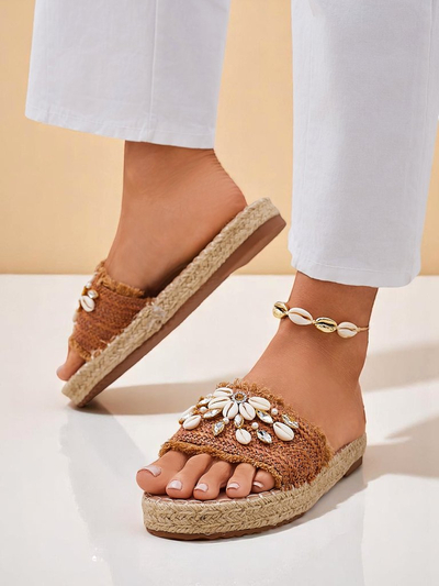 Royalfashion Callista Boho Camel Flat Platform Sandals with Shells