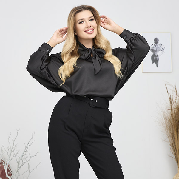 Women's black long satin blouse with binding - Clothing