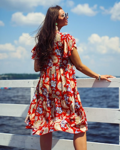Royalfashion Red women's dress with colorful floral pattern
