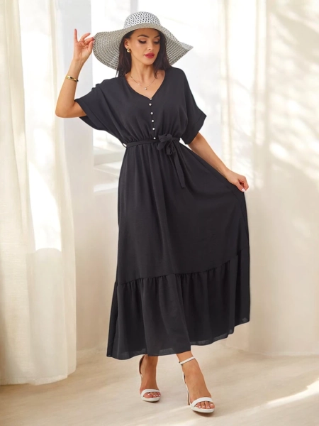 Royalfashion Naistele mõeldud midi kleit lühikeste varrukatega ja dekoratiivsete nuppudega