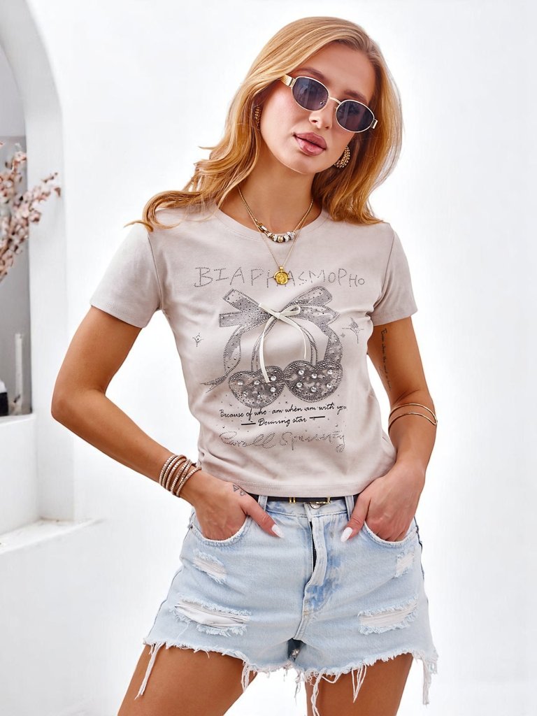 Royalfashion Women's cotton t-shirt with rhinestones and a bow