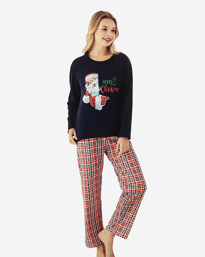 Navy blue women's 2-piece pajamas with Christmas print- Clothing