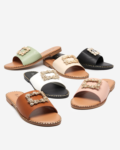 Green elegant women's slippers with golden ornament Meriso - Footwear