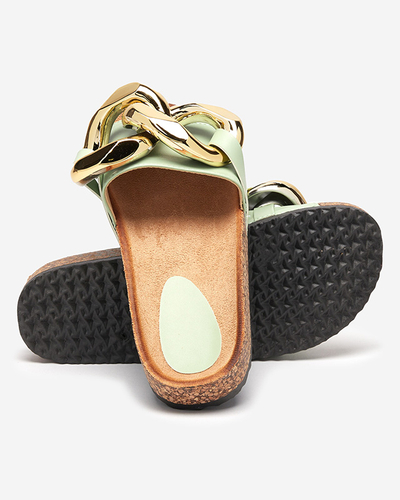 Thalia Royalfashion women's green sandals with a chain on a flat sole
