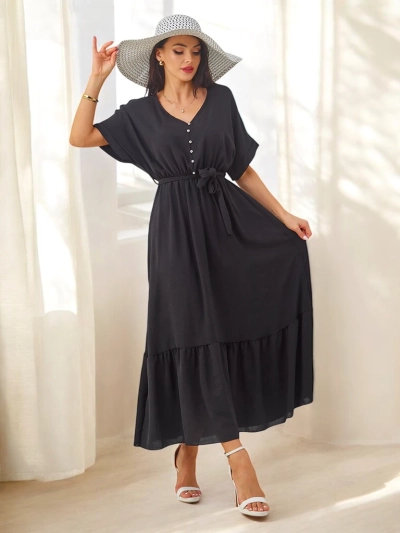 Royalfashion Women's midi dress with short sleeves and decorative buttons