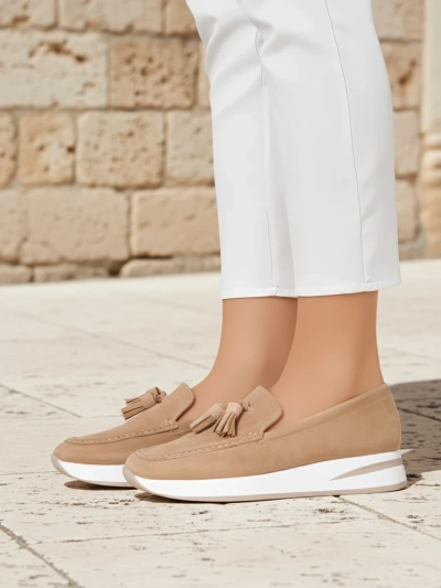 Callista women's beige wedge loafers with tassels, eco-suede leather