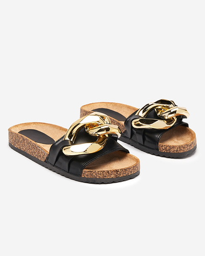 Ariadne Royalfashion summer flip-flops with a large gold chain, black leather