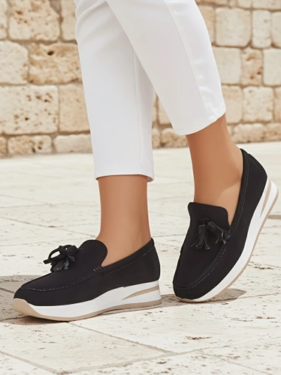 Aelia women's black loafers made of eco-suede leather wedge heel 4 cm