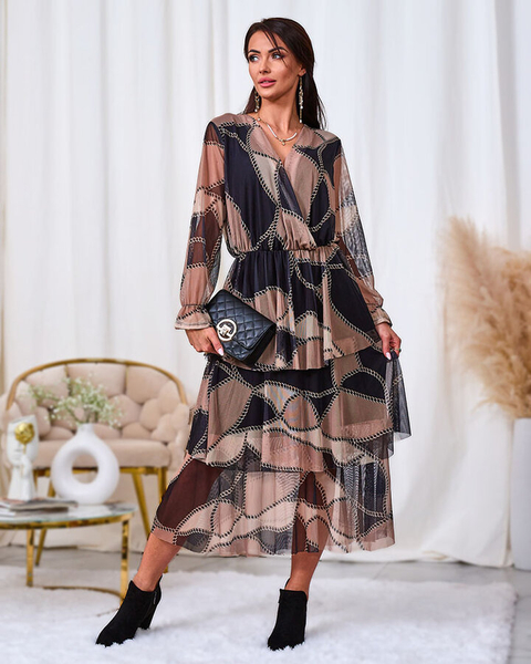 Royalfashion Must ja helepruun prindiga võrkmidikleit