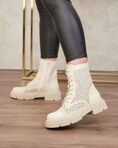 Openwork beige women's boots with flat heels Rolika - Footwear