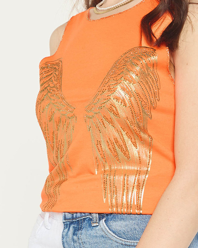 Orange ladies top with golden wings print - Clothing