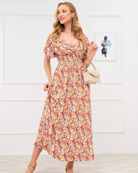 Light brown women's floral maxi dress - Clothing