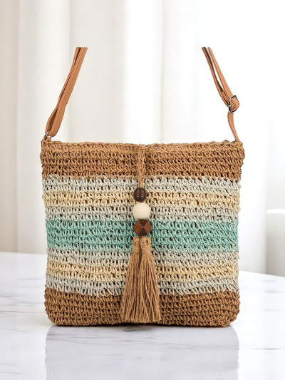 Royal Fashion Small Striped Straw Women's Bag with Charm