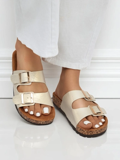 Ariadne Eco women's gold sandals with a flat sole for summer