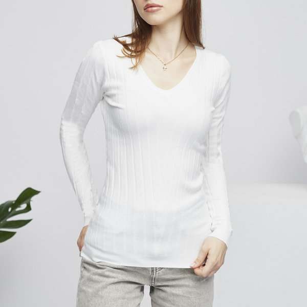 Women's V-neck white sweater - Clothing