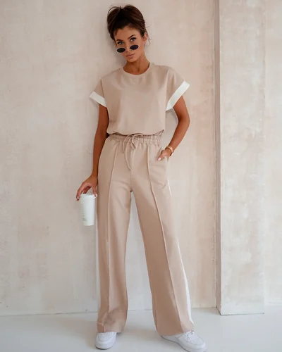 Royalfashion Naiste puuvillane komplekt lühikeste varrukatega ja laienevate pükstega