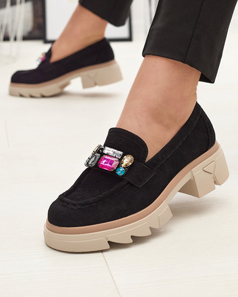 Mustad läbimärg naiste mokasiinid Bokkso kaunistusega- Jalatsid