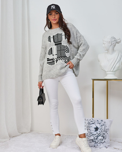 Royalfashion Gray Women's Sweater with Teddy Bear