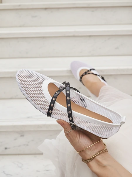 Royalfashion Calista Bianca Ballet Flats – Women's White Mesh Shoes with Black Straps