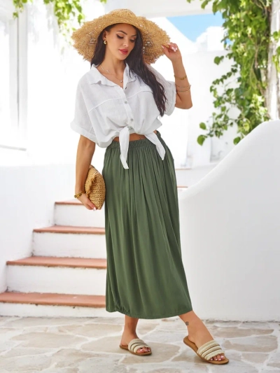 Royalfashion Women's Viscose Midi Skirt, Summer and Flowy with Two Pockets