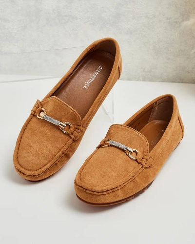 Camel Aurelia Women's Suede Moccasins with Decoration - Comfort and Style on a Flat Heel