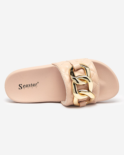 Royalfashion Бежевые женские стеганые шлепанцы с золотой цепочкой Eteris