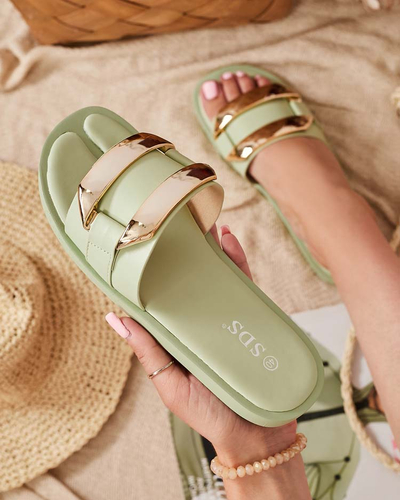 Green women's slippers with a large golden ornament Kedino - Footwear
