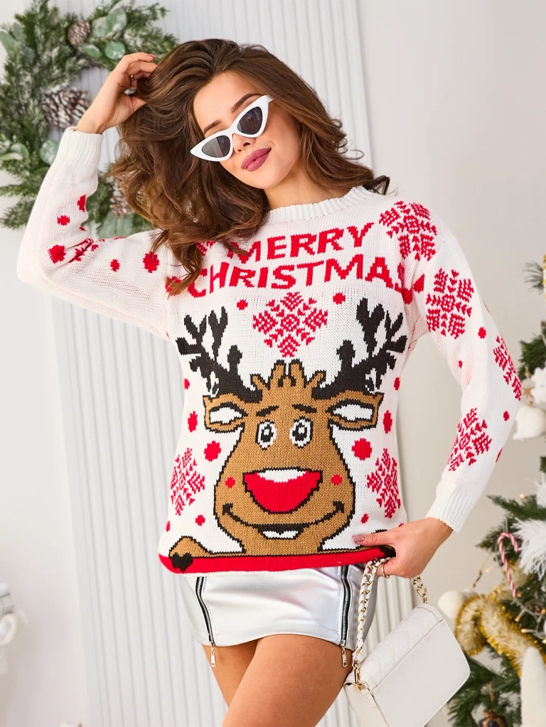 Royalfashion Женский белый рождественский свитер с оленями
