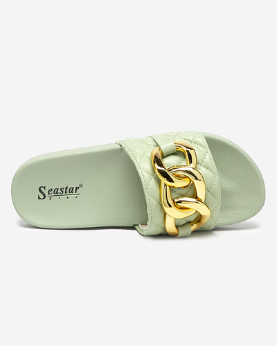 Women's green quilted slippers with a gold chain Eteris - Footwear